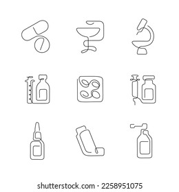 Pharmacy artistic style continuous line icons. Editable stroke.
