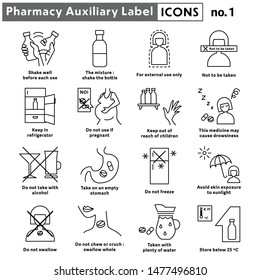 Pharmacy auxiliary label line icons, Medicine caution label sign, Caution for drug use line icons, Cartoon pharmacy label icon design, Vector illustration