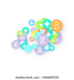 Pharmacy Background. Clinic Backdrop. Random Fall Health Care Icon. Medical Concept. Pharmaceutic Symbols. Colorful Circle Elements on White. Medicine Template. Layout Technology Vector Illustration.