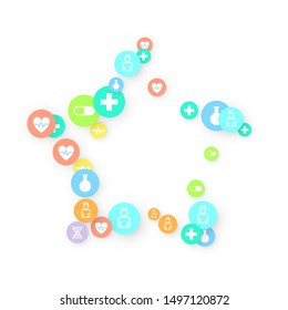 Pharmacy Background. Clinic Backdrop. Random Fall Health Care Icon. Medical Concept. Pharmaceutic Symbols. Colorful Circle Elements on White. Medicine Template. Layout Technology Vector Illustration.