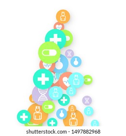 Pharmacy Background. Clinic Backdrop. Random Fall Health Care Icon. Medical Concept. Pharmaceutic Symbols. Colorful Circle Elements on White. Medicine Template. Layout Technology Vector Illustration.