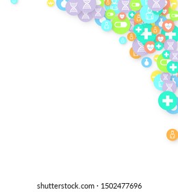 Pharmacy Background. Clinic Backdrop. Random Fall Health Care Icon. Medical Concept. Pharmaceutic Symbols. Colorful Circle Elements on White. Medicine Template. Layout Technology Vector Illustration.