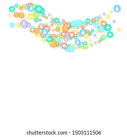 Pharmacy Background. Clinic Backdrop. Random Fall Health Care Icon. Medical Concept. Pharmaceutic Symbols. Colorful Circle Elements on White. Medicine Template. Layout Technology Vector Illustration.