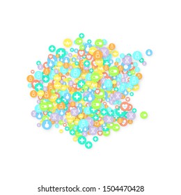 Pharmacy Background. Clinic Backdrop. Random Fall Health Care Icon. Medical Concept. Pharmaceutic Symbols. Colorful Circle Elements on White. Medicine Template. Layout Technology Vector Illustration.