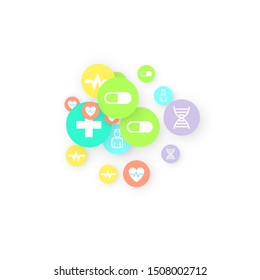 Pharmacy Background. Clinic Backdrop. Random Fall Health Care Icon. Medical Concept. Pharmaceutic Symbols. Colorful Circle Elements on White. Medicine Template. Layout Technology Vector Illustration.