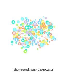 Pharmacy Background. Clinic Backdrop. Random Fall Health Care Icon. Medical Concept. Pharmaceutic Symbols. Colorful Circle Elements on White. Medicine Template. Layout Technology Vector Illustration.