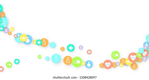 Pharmacy Background. Clinic Backdrop. Random Fall Health Care Icon. Medical Concept. Pharmaceutic Symbols. Colorful Circle Elements on White. Medicine Template. Layout Technology Vector Illustration.