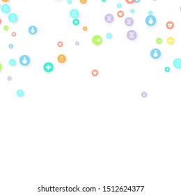 Pharmacy Background. Clinic Backdrop. Random Fall Health Care Icon. Medical Concept. Pharmaceutic Symbols. Colorful Circle Elements on White. Medicine Template. Layout Technology Vector Illustration.