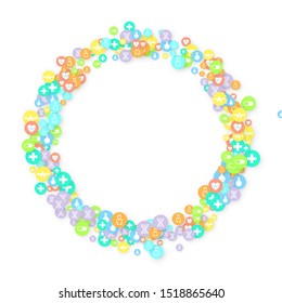 Pharmacy Background. Clinic Backdrop. Random Fall Health Care Icon. Medical Concept. Pharmaceutic Symbols. Colorful Circle Elements on White. Medicine Template. Layout Technology Vector Illustration.