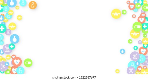 Pharmacy Background. Clinic Backdrop. Random Fall Health Care Icon. Medical Concept. Pharmaceutic Symbols. Colorful Circle Elements on White. Medicine Template. Layout Technology Vector Illustration.