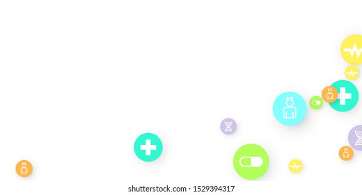 Pharmacy Background. Clinic Backdrop. Random Fall Health Care Icon. Medical Concept. Pharmaceutic Symbols. Colorful Circle Elements on White. Medicine Template. Layout Technology Vector Illustration.