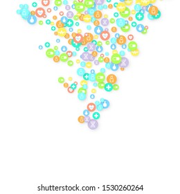Pharmacy Background. Clinic Backdrop. Random Fall Health Care Icon. Medical Concept. Pharmaceutic Symbols. Colorful Circle Elements on White. Medicine Template. Layout Technology Vector Illustration.