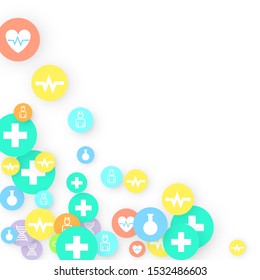 Pharmacy Background. Clinic Backdrop. Random Fall Health Care Icon. Medical Concept. Pharmaceutic Symbols. Colorful Circle Elements on White. Medicine Template. Layout Technology Vector Illustration.