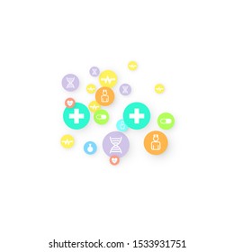 Pharmacy Background. Clinic Backdrop. Random Fall Health Care Icon. Medical Concept. Pharmaceutic Symbols. Colorful Circle Elements on White. Medicine Template. Layout Technology Vector Illustration.