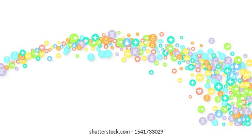 Pharmacy Background. Clinic Backdrop. Random Fall Health Care Icon. Medical Concept. Pharmaceutic Symbols. Colorful Circle Elements on White. Medicine Template. Layout Technology Vector Illustration.