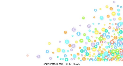 Pharmacy Background. Clinic Backdrop. Random Fall Health Care Icon. Medical Concept. Pharmaceutic Symbols. Colorful Circle Elements on White. Medicine Template. Layout Technology Vector Illustration.