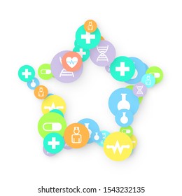 Pharmacy Background. Clinic Backdrop. Random Fall Health Care Icon. Medical Concept. Pharmaceutic Symbols. Colorful Circle Elements on White. Medicine Template. Layout Technology Vector Illustration.