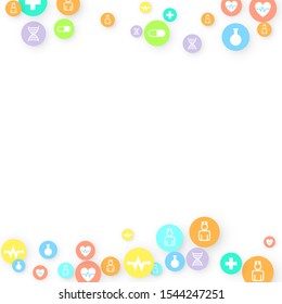 Pharmacy Background. Clinic Backdrop. Random Fall Health Care Icon. Medical Concept. Pharmaceutic Symbols. Colorful Circle Elements on White. Medicine Template. Layout Technology Vector Illustration.