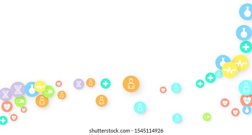 Pharmacy Background. Clinic Backdrop. Random Fall Health Care Icon. Medical Concept. Pharmaceutic Symbols. Colorful Circle Elements on White. Medicine Template. Layout Technology Vector Illustration.