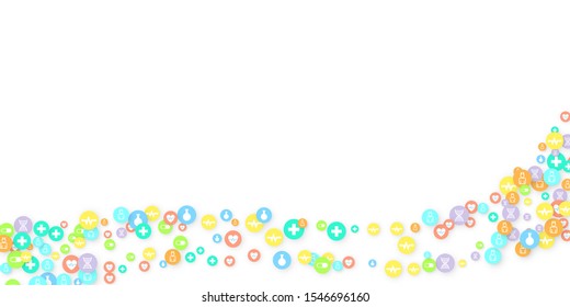 Pharmacy Background. Clinic Backdrop. Random Fall Health Care Icon. Medical Concept. Pharmaceutic Symbols. Colorful Circle Elements on White. Medicine Template. Layout Technology Vector Illustration.