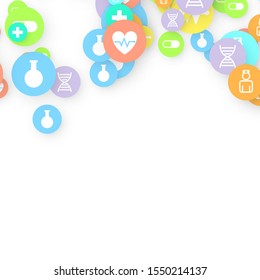 Pharmacy Background. Clinic Backdrop. Random Fall Health Care Icon. Medical Concept. Pharmaceutic Symbols. Colorful Circle Elements on White. Medicine Template. Layout Technology Vector Illustration.