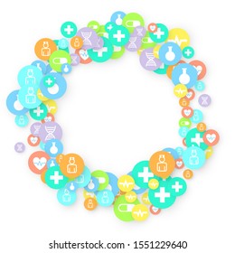 Pharmacy Background. Clinic Backdrop. Random Fall Health Care Icon. Medical Concept. Pharmaceutic Symbols. Colorful Circle Elements on White. Medicine Template. Layout Technology Vector Illustration.