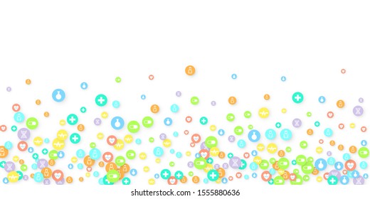 Pharmacy Background. Clinic Backdrop. Random Fall Health Care Icon. Medical Concept. Pharmaceutic Symbols. Colorful Circle Elements on White. Medicine Template. Layout Technology Vector Illustration.