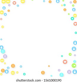 Pharmacy Background. Clinic Backdrop. Random Fall Health Care Icon. Medical Concept. Pharmaceutic Symbols. Colorful Circle Elements on White. Medicine Template. Layout Technology Vector Illustration.