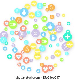Pharmacy Background. Clinic Backdrop. Random Fall Health Care Icon. Medical Concept. Pharmaceutic Symbols. Colorful Circle Elements on White. Medicine Template. Layout Technology Vector Illustration.
