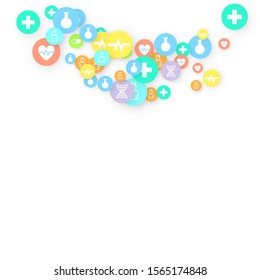 Pharmacy Background. Clinic Backdrop. Random Fall Health Care Icon. Medical Concept. Pharmaceutic Symbols. Colorful Circle Elements on White. Medicine Template. Layout Technology Vector Illustration.
