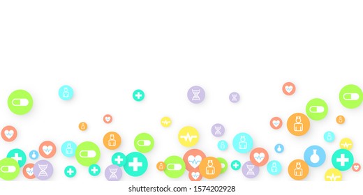 Pharmacy Background. Clinic Backdrop. Random Fall Health Care Icon. Medical Concept. Pharmaceutic Symbols. Colorful Circle Elements on White. Medicine Template. Layout Technology Vector Illustration.