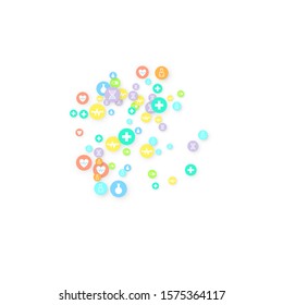 Pharmacy Background. Clinic Backdrop. Random Fall Health Care Icon. Medical Concept. Pharmaceutic Symbols. Colorful Circle Elements on White. Medicine Template. Layout Technology Vector Illustration.