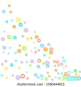 Pharmacy Background. Clinic Backdrop. Random Fall Health Care Icon. Medical Concept. Pharmaceutic Symbols. Colorful Circle Elements on White. Medicine Template. Layout Technology Vector Illustration.