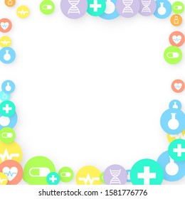 Pharmacy Background. Clinic Backdrop. Random Fall Health Care Icon. Medical Concept. Pharmaceutic Symbols. Colorful Circle Elements on White. Medicine Template. Layout Technology Vector Illustration.