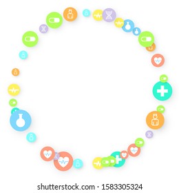 Pharmacy Background. Clinic Backdrop. Random Fall Health Care Icon. Medical Concept. Pharmaceutic Symbols. Colorful Circle Elements on White. Medicine Template. Layout Technology Vector Illustration.