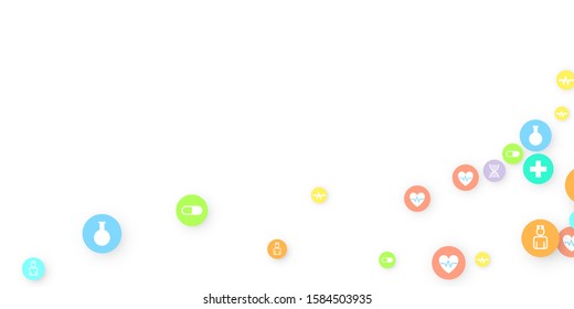 Pharmacy Background. Clinic Backdrop. Random Fall Health Care Icon. Medical Concept. Pharmaceutic Symbols. Colorful Circle Elements on White. Medicine Template. Layout Technology Vector Illustration.
