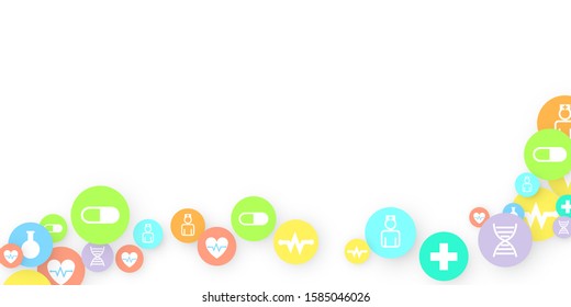 Pharmacy Background. Clinic Backdrop. Random Fall Health Care Icon. Medical Concept. Pharmaceutic Symbols. Colorful Circle Elements on White. Medicine Template. Layout Technology Vector Illustration.