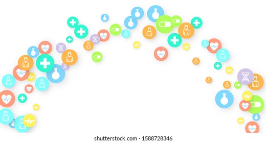 Pharmacy Background. Clinic Backdrop. Random Fall Health Care Icon. Medical Concept. Pharmaceutic Symbols. Colorful Circle Elements on White. Medicine Template. Layout Technology Vector Illustration.