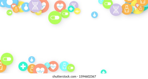 Pharmacy Background. Clinic Backdrop. Random Fall Health Care Icon. Medical Concept. Pharmaceutic Symbols. Colorful Circle Elements on White. Medicine Template. Layout Technology Vector Illustration.
