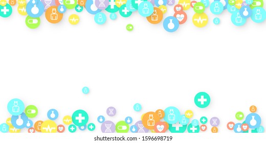 Pharmacy Background. Clinic Backdrop. Random Fall Health Care Icon. Medical Concept. Pharmaceutic Symbols. Colorful Circle Elements on White. Medicine Template. Layout Technology Vector Illustration.