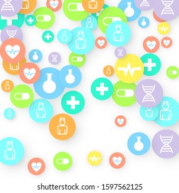 Pharmacy Background. Clinic Backdrop. Random Fall Health Care Icon. Medical Concept. Pharmaceutic Symbols. Colorful Circle Elements on White. Medicine Template. Layout Technology Vector Illustration.