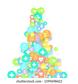 Pharmacy Background. Clinic Backdrop. Random Fall Health Care Icon. Medical Concept. Pharmaceutic Symbols. Colorful Circle Elements on White. Medicine Template. Layout Technology Vector Illustration.