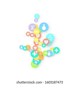 Pharmacy Background. Clinic Backdrop. Random Fall Health Care Icon. Medical Concept. Pharmaceutic Symbols. Colorful Circle Elements on White. Medicine Template. Layout Technology Vector Illustration.