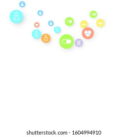 Pharmacy Background. Clinic Backdrop. Random Fall Health Care Icon. Medical Concept. Pharmaceutic Symbols. Colorful Circle Elements on White. Medicine Template. Layout Technology Vector Illustration.