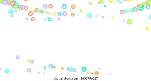 Pharmacy Background. Clinic Backdrop. Random Fall Health Care Icon. Medical Concept. Pharmaceutic Symbols. Colorful Circle Elements on White. Medicine Template. Layout Technology Vector Illustration.