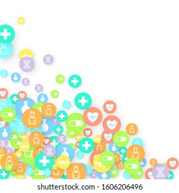 Pharmacy Background. Clinic Backdrop. Random Fall Health Care Icon. Medical Concept. Pharmaceutic Symbols. Colorful Circle Elements on White. Medicine Template. Layout Technology Vector Illustration.