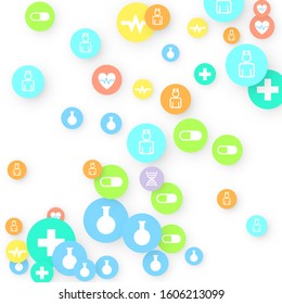Pharmacy Background. Clinic Backdrop. Random Fall Health Care Icon. Medical Concept. Pharmaceutic Symbols. Colorful Circle Elements on White. Medicine Template. Layout Technology Vector Illustration.