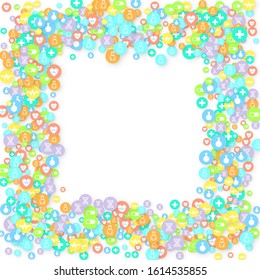 Pharmacy Background. Clinic Backdrop. Random Fall Health Care Icon. Medical Concept. Pharmaceutic Symbols. Colorful Circle Elements on White. Medicine Template. Layout Technology Vector Illustration.