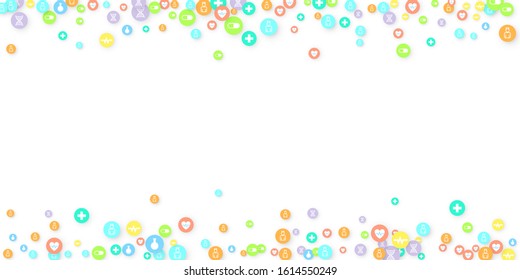 Pharmacy Background. Clinic Backdrop. Random Fall Health Care Icon. Medical Concept. Pharmaceutic Symbols. Colorful Circle Elements on White. Medicine Template. Layout Technology Vector Illustration.