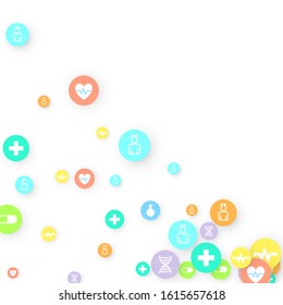 Pharmacy Background. Clinic Backdrop. Random Fall Health Care Icon. Medical Concept. Pharmaceutic Symbols. Colorful Circle Elements on White. Medicine Template. Layout Technology Vector Illustration.